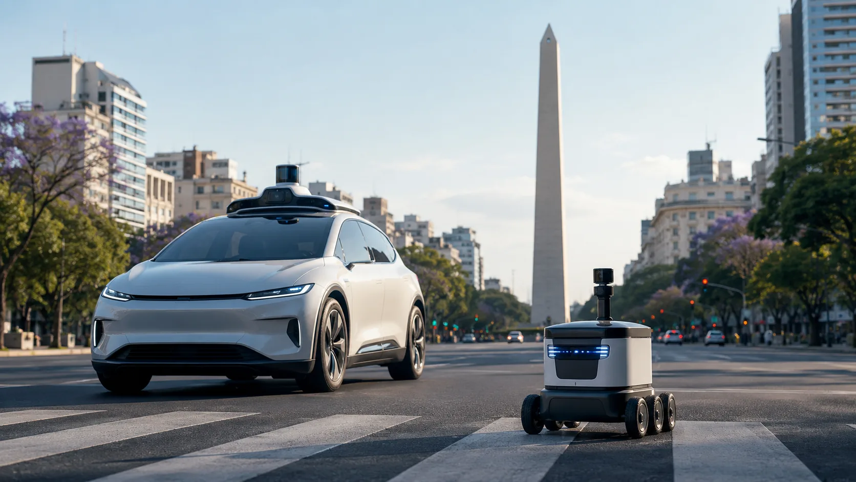Auto autónomo y robot terrestre en Buenos Aires frente al Obelisco