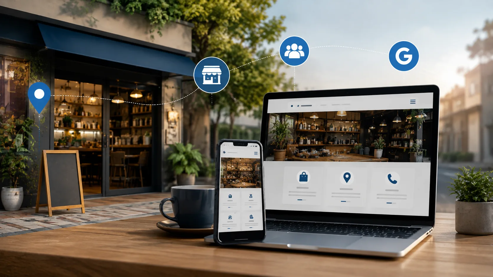 Negocio local mostrando su página web para atraer clientes de la zona